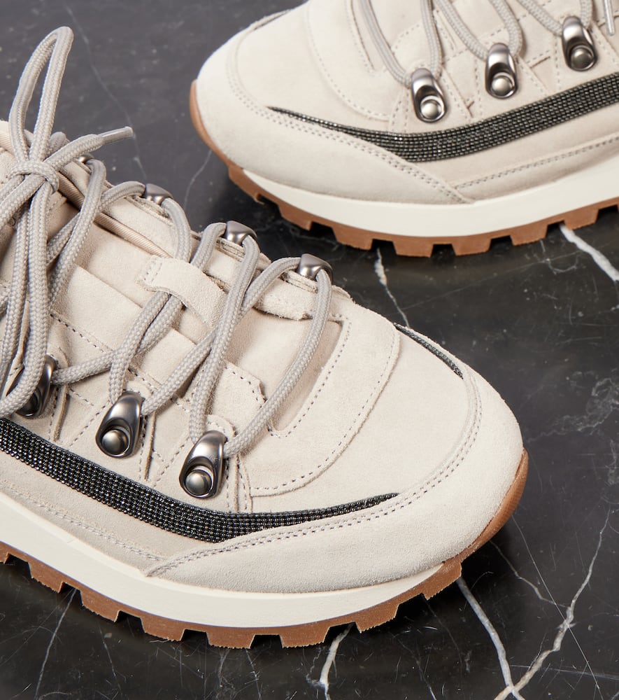 Brunello Cucinelli Monili Embellished Suede Sneakers In Grey