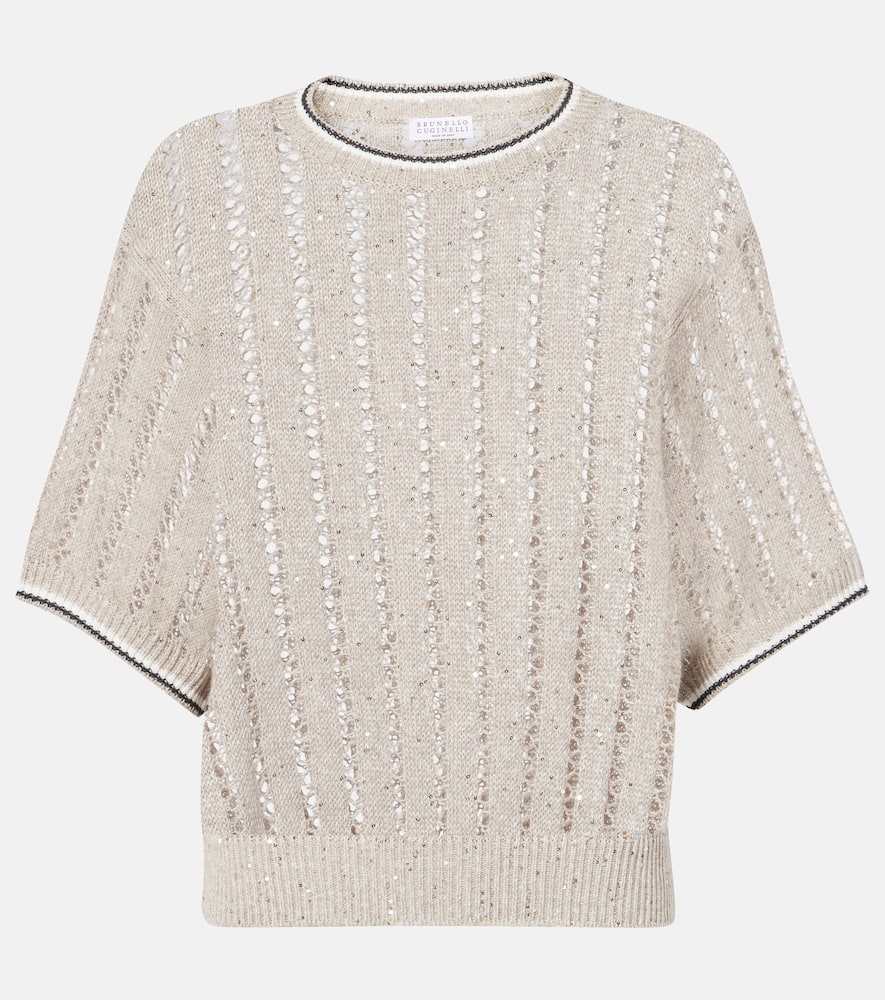 Brunello Cucinelli Sequined Open-knit Linen-blend Top In Beige