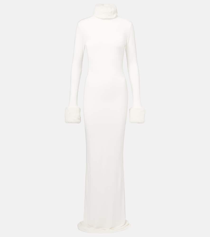 Priscilla faux fur-trimmed satin gown