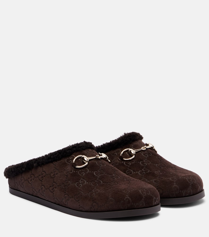Gucci New Sol Gg Horsebit Suede Slippers In Brown