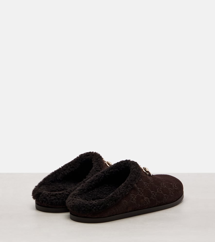 Gucci New Sol Gg Horsebit Suede Slippers In Brown