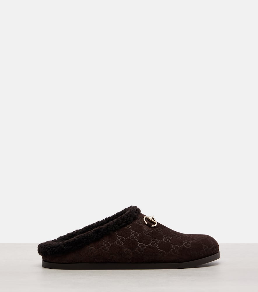 Gucci New Sol Gg Horsebit Suede Slippers In Brown