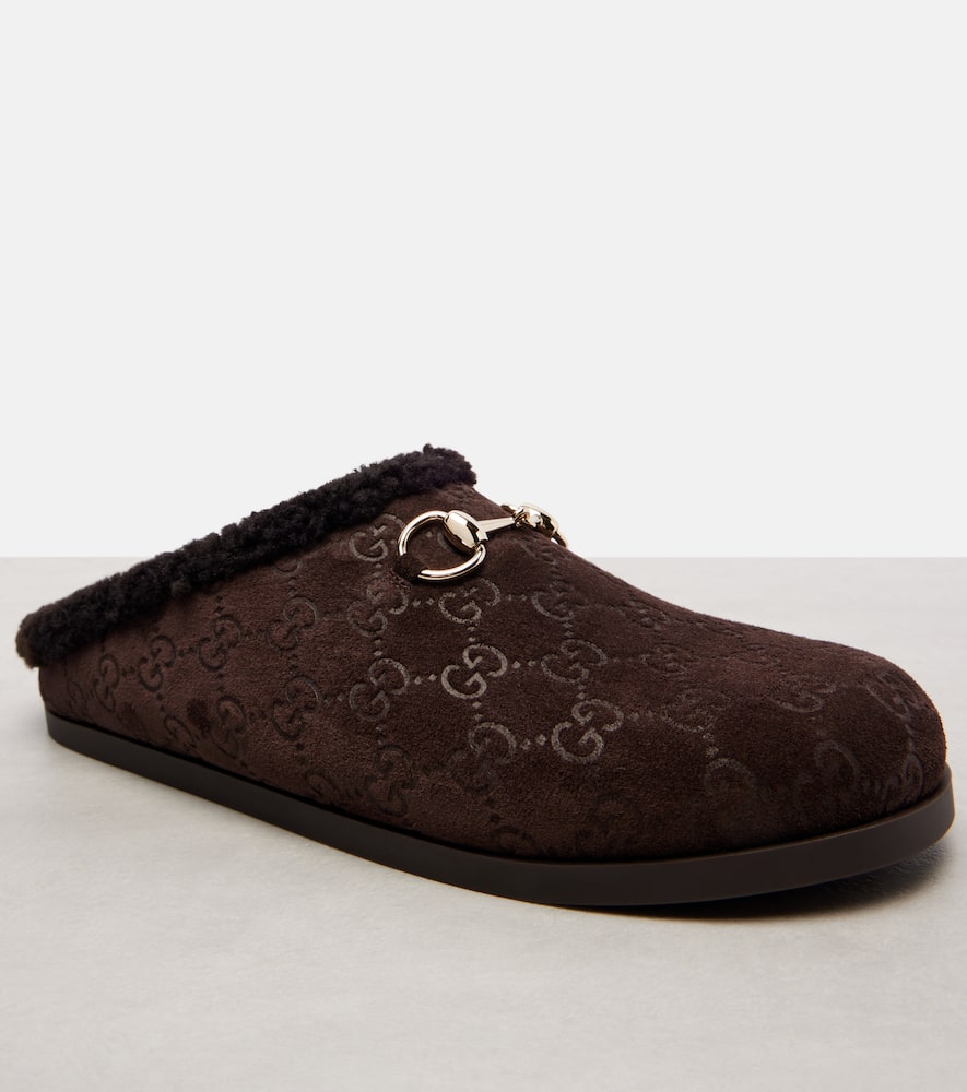 Gucci New Sol Gg Horsebit Suede Slippers In Brown