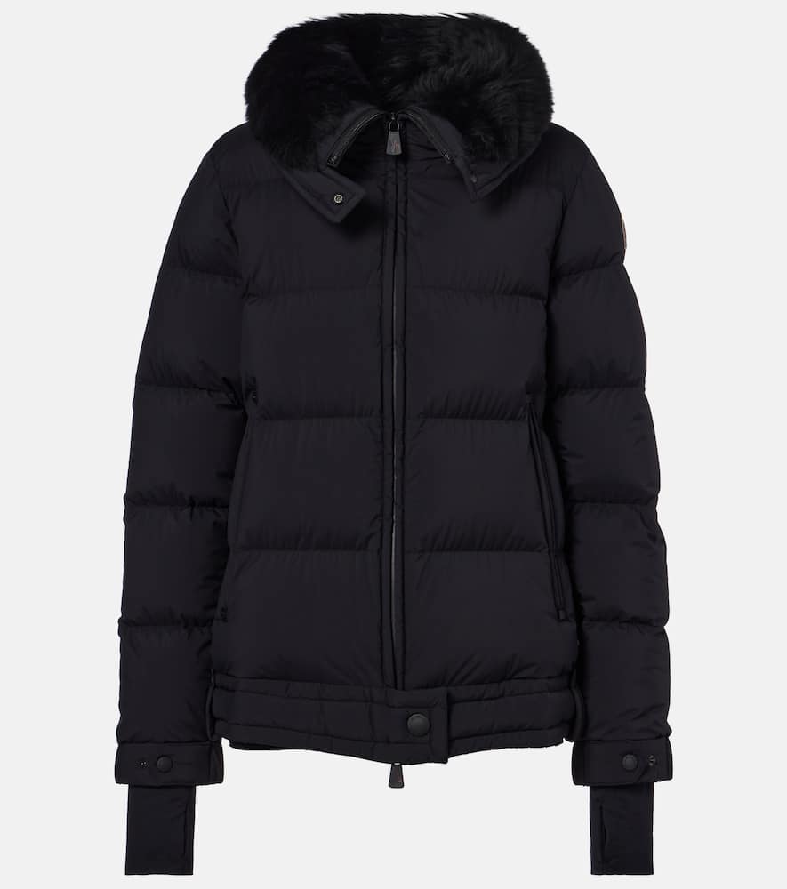 Moncler Arabbas Shearling-trimmed Hooded Down Ski Jacket In Blue