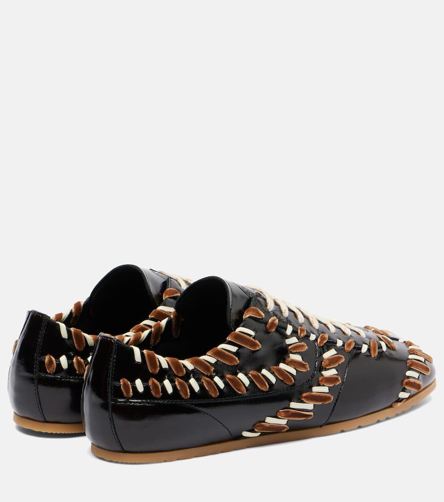Dries Van Noten Cord And Velvet-trimmed Glossed-leather Sneakers In Brown