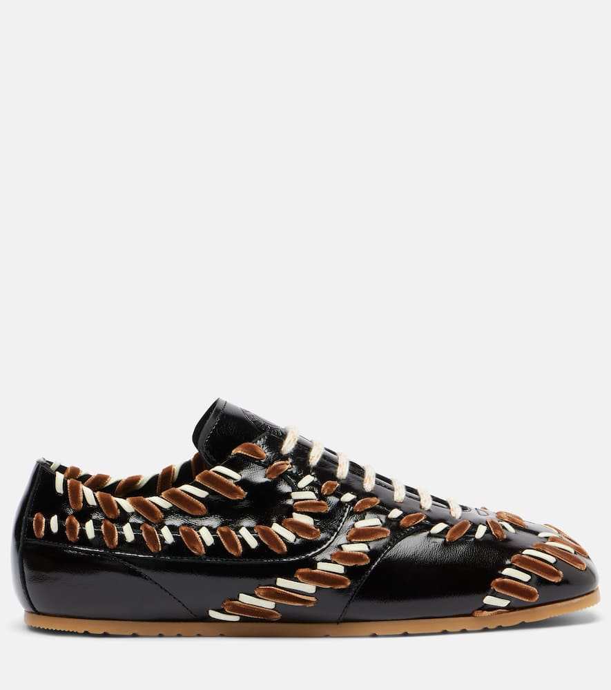 Dries Van Noten Cord And Velvet-trimmed Glossed-leather Sneakers In Brown