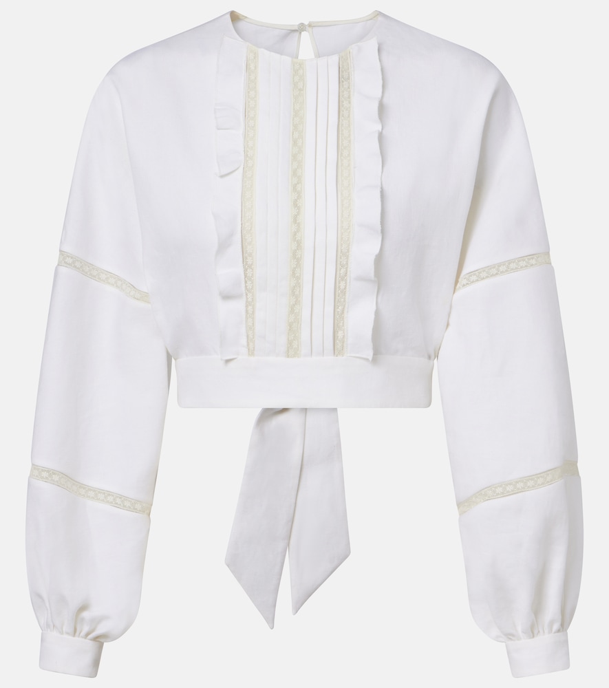 Top cropped in lino con pizzo