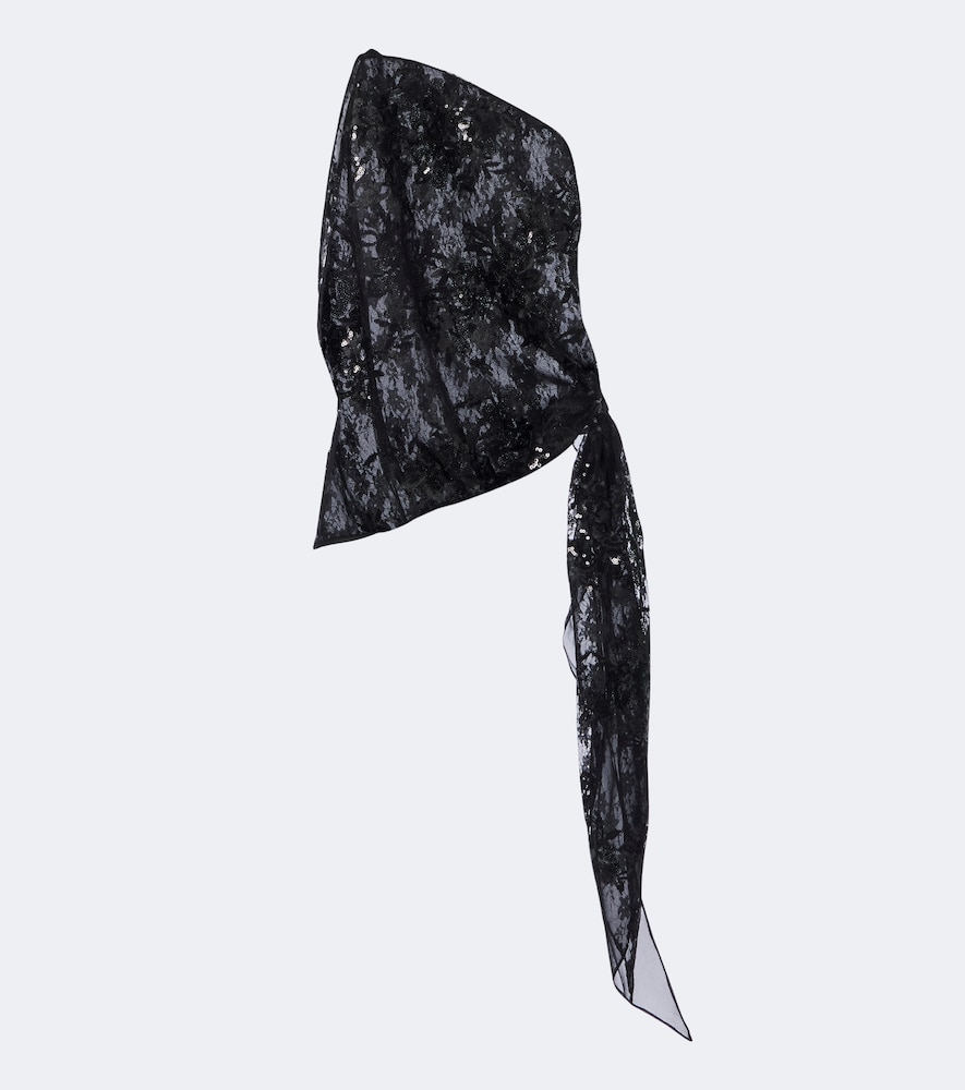 Top monospalla in pizzo con paillettes