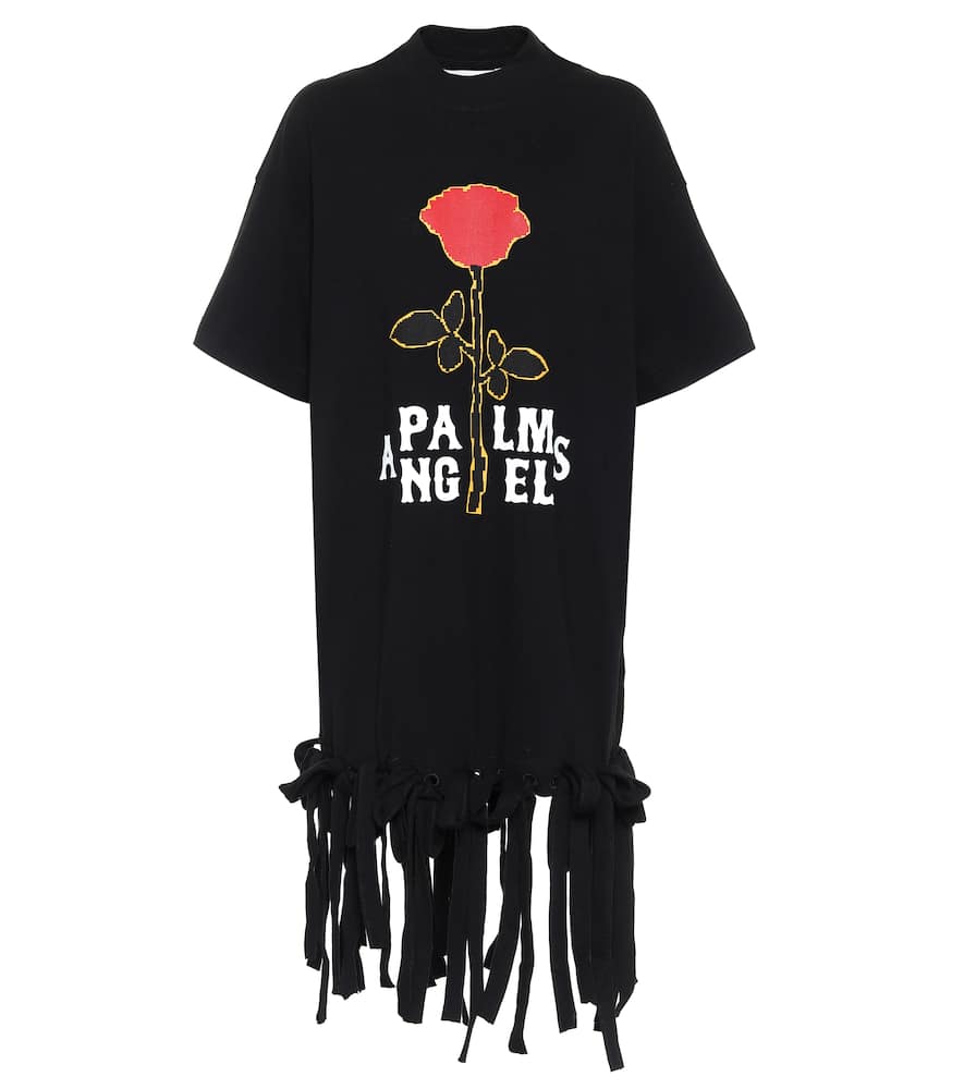 PALM ANGELS LOGO FRINGED COTTON MINIDRESS,P00490579