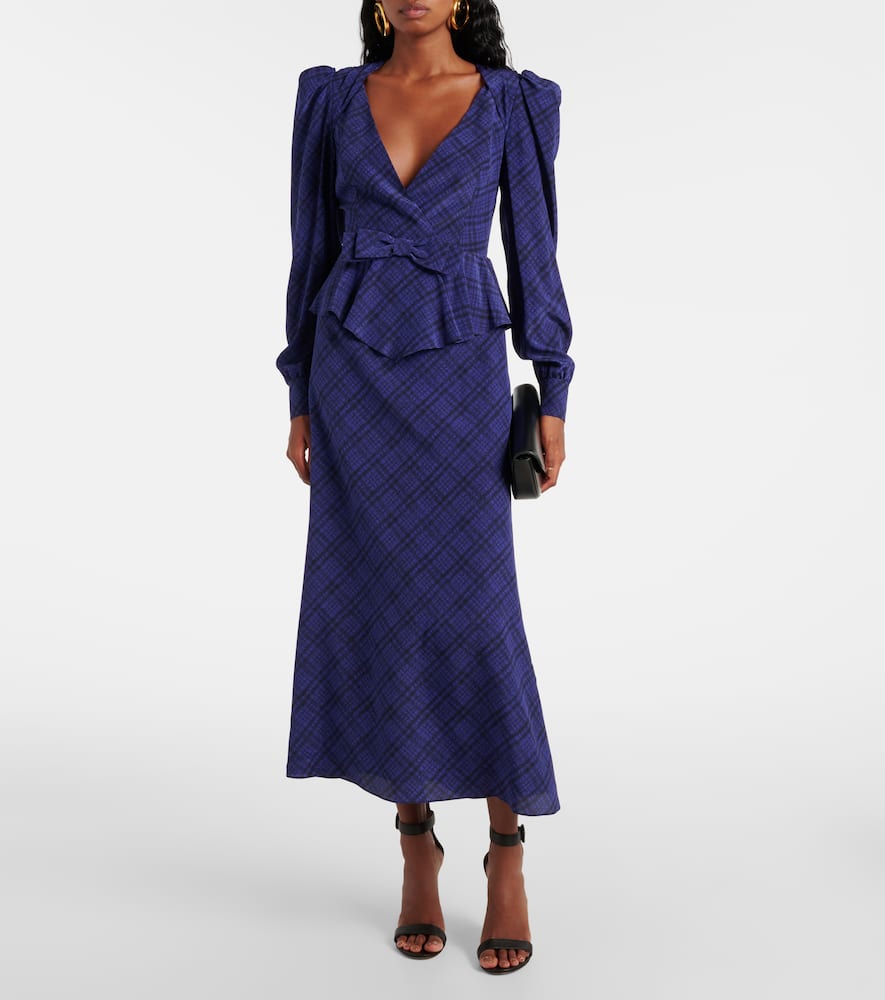 Alessandra Rich Tartan Silk Midi Dress In Blue
