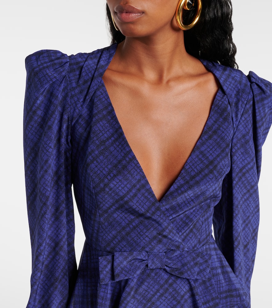 Alessandra Rich Tartan Silk Midi Dress In Blue