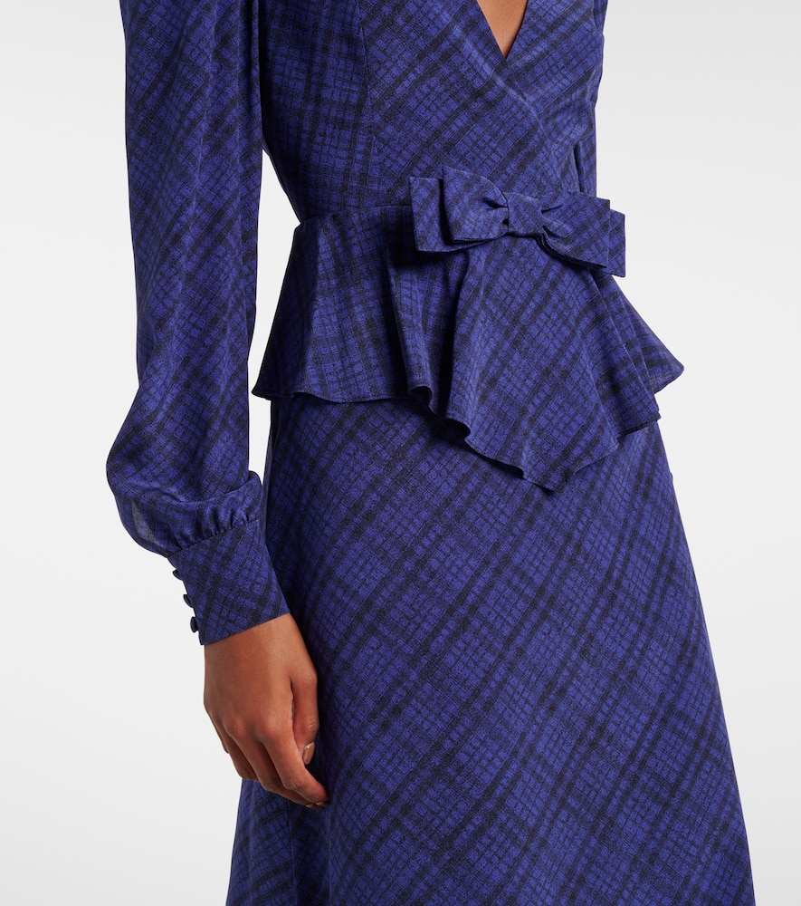Alessandra Rich Tartan Silk Midi Dress In Blue