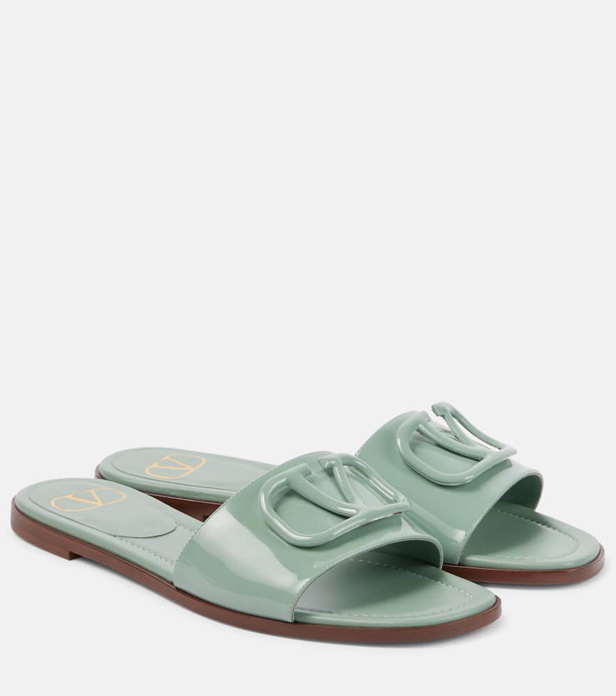 Valentino Vlogo Signature Patent Leather Slides In Green