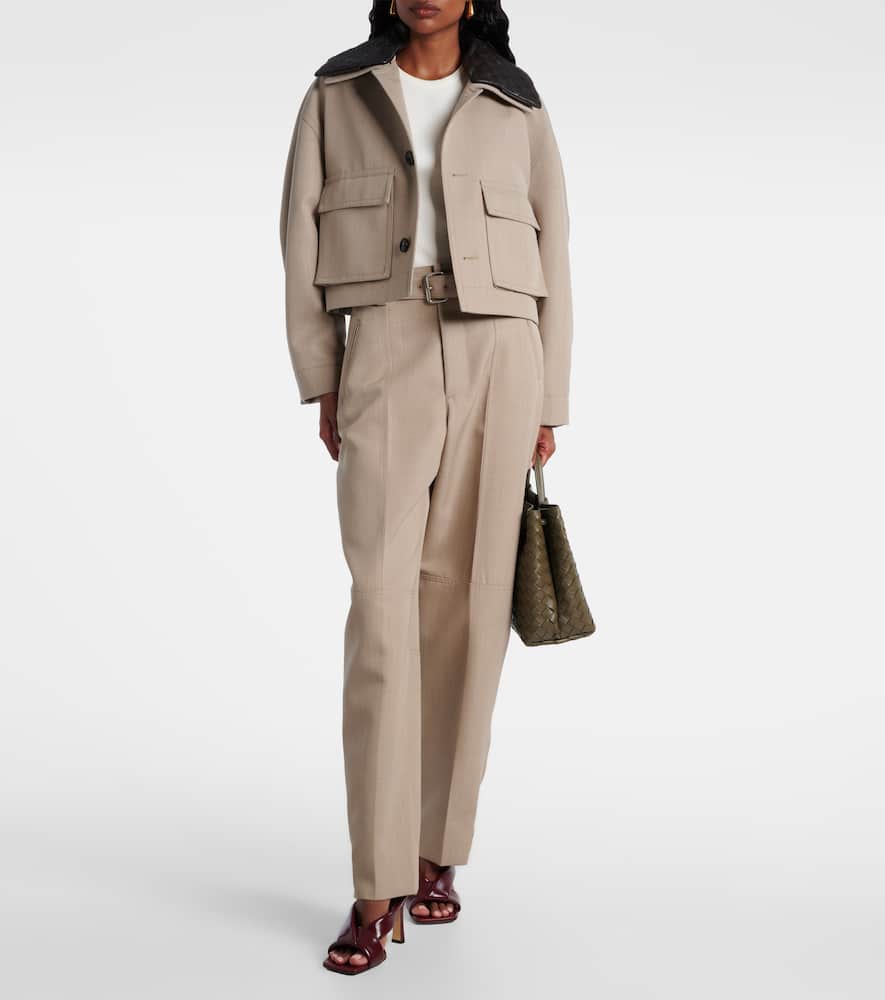 Bottega Veneta Cropped Intrecciato Leather-trimmed Wool-twill Jacket In Neutral