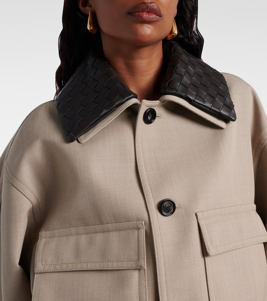 Bottega Veneta Cropped Intrecciato Leather-trimmed Wool-twill Jacket In Neutral