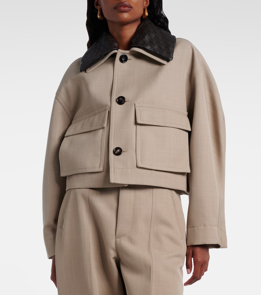 Bottega Veneta Cropped Intrecciato Leather-trimmed Wool-twill Jacket In Neutral