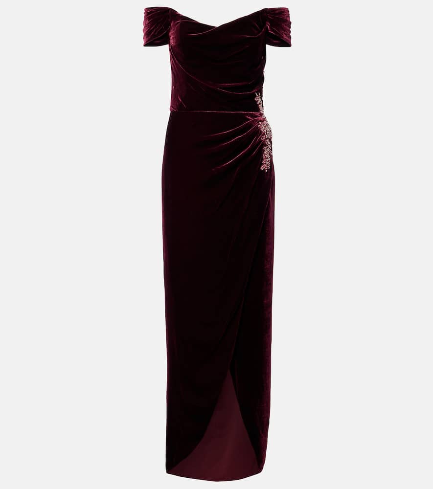 Costarellos Embellished Off-shoulder Velvet Gown In Burgundy