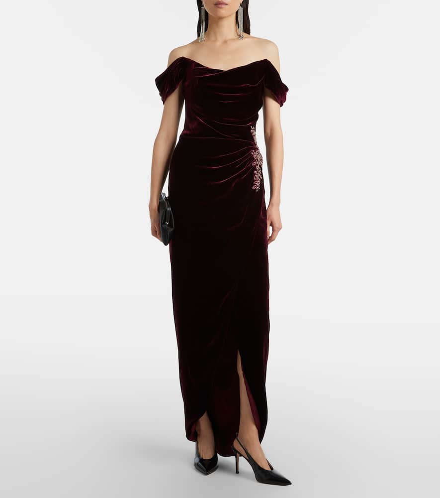 Costarellos Embellished Off-shoulder Velvet Gown In Burgundy