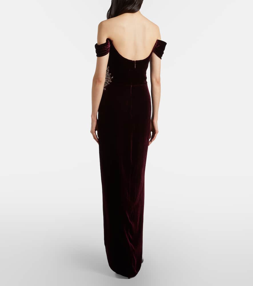 Costarellos Embellished Off-shoulder Velvet Gown In Burgundy