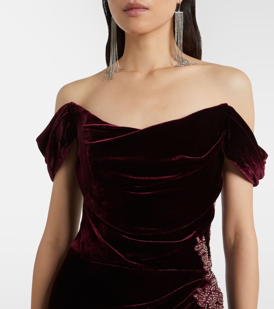 Costarellos Embellished Off-shoulder Velvet Gown In Burgundy