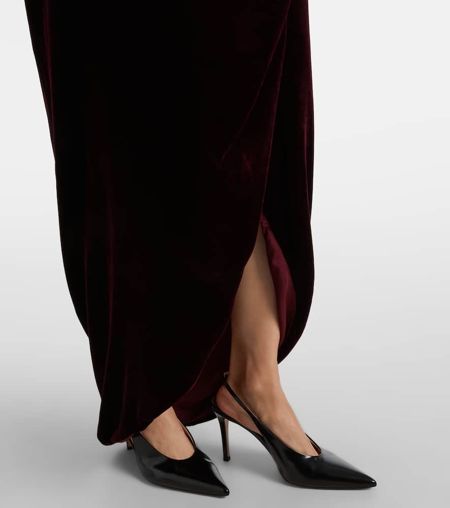 Costarellos Embellished Off-shoulder Velvet Gown In Burgundy
