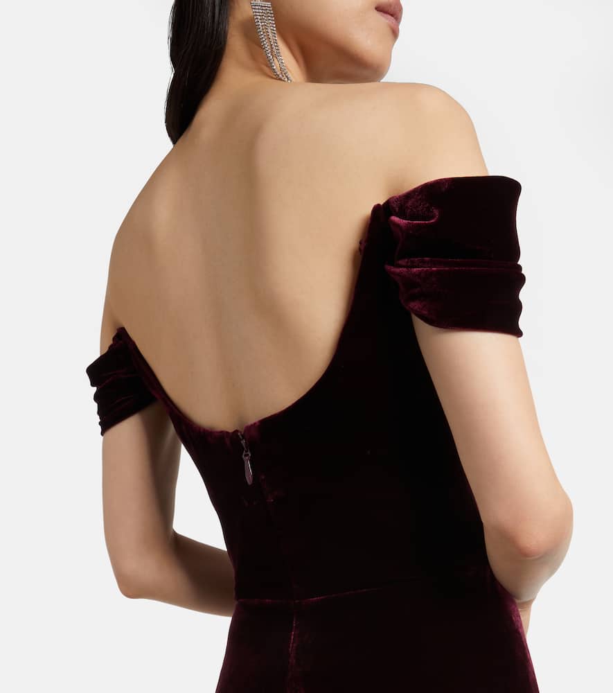 Costarellos Embellished Off-shoulder Velvet Gown In Burgundy