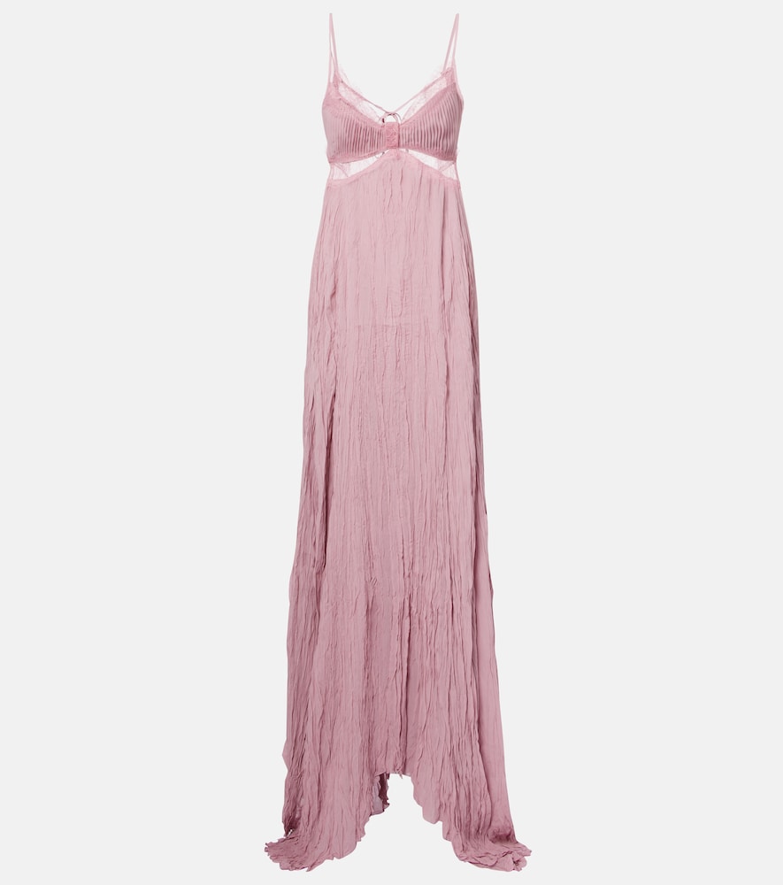 Blumarine Lace-trimmed plissé georgette gown