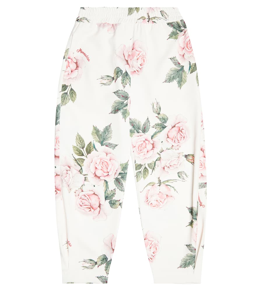 Monnalisa Floral Pants In Beige/rosa Antico