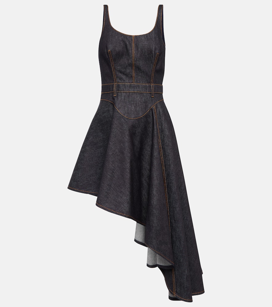 Alexander Mcqueen Asymmetric Midi Denim Corset Dress In Blue