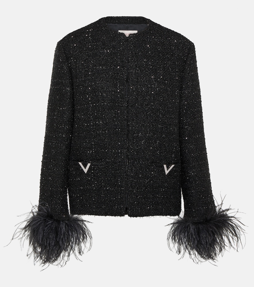 Valentino Women's Black Feather-Trimmed Tweed Jacket UK Size 16 - Mytheresa