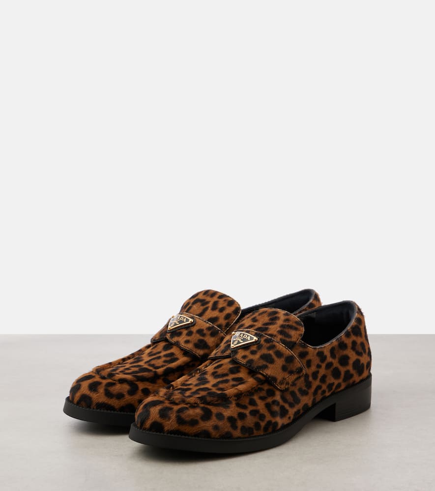 Prada Logo Leopard-print Calf Hair Loafers In Brown