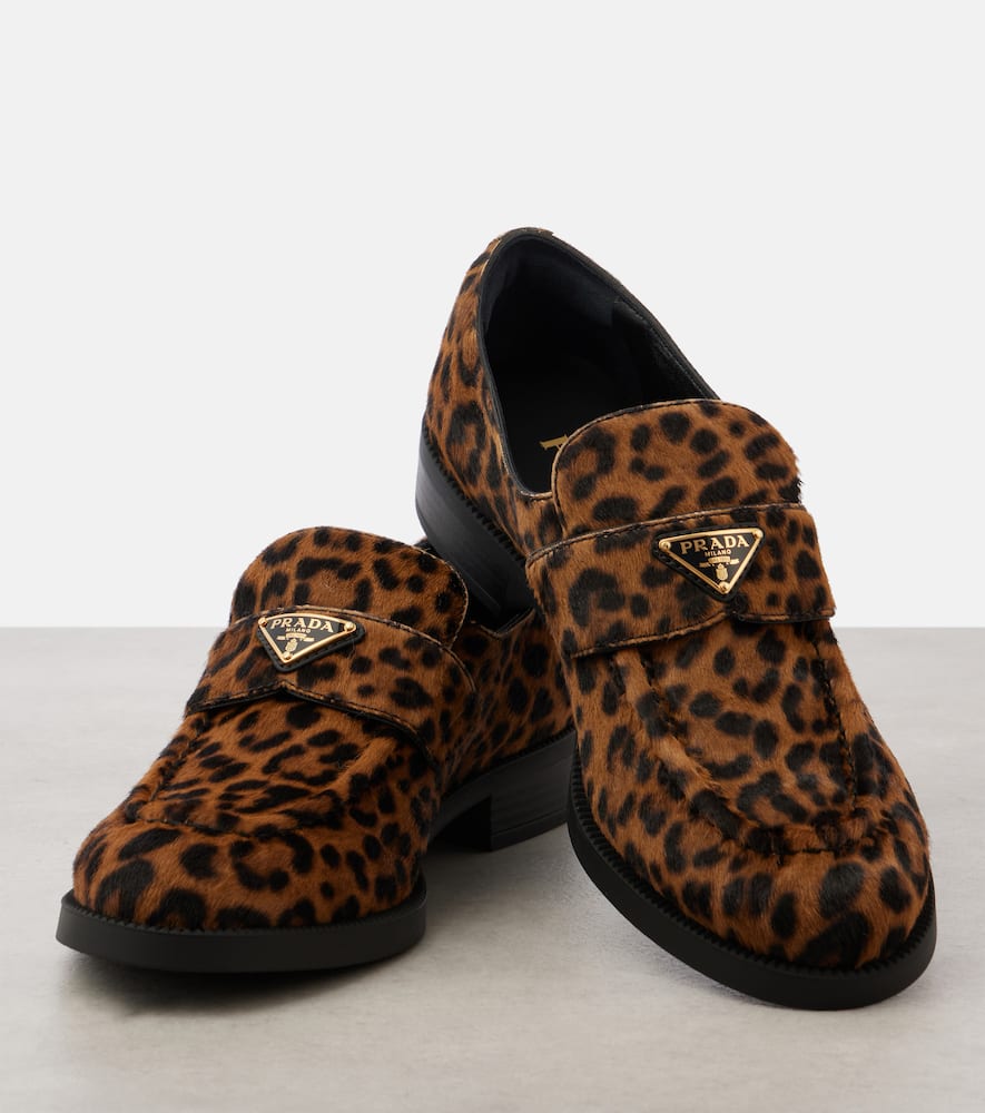 Prada Logo Leopard-print Calf Hair Loafers In Brown