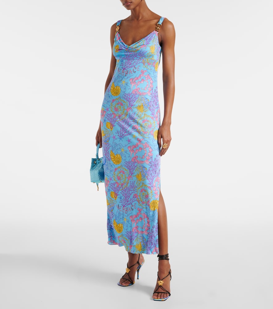Versace Underwater Barocco Draped Jersey Gown In Multi