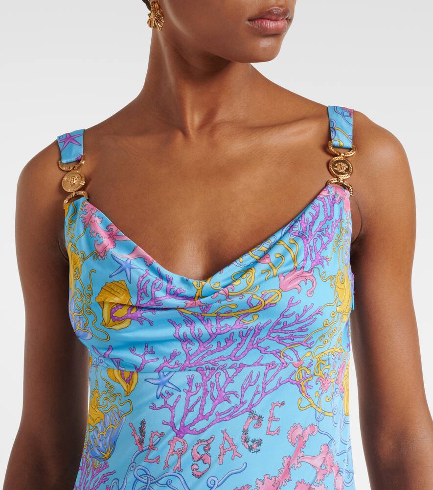 Versace Underwater Barocco Draped Jersey Gown In Multi