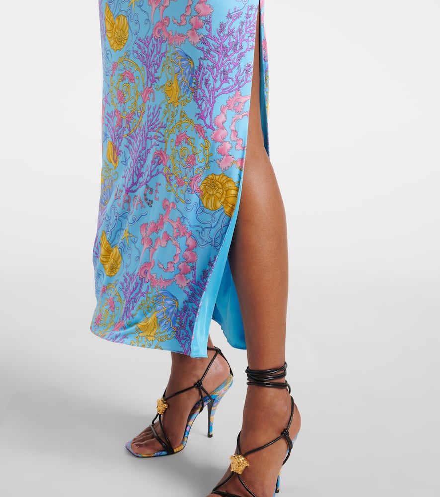 Versace Underwater Barocco Draped Jersey Gown In Multi