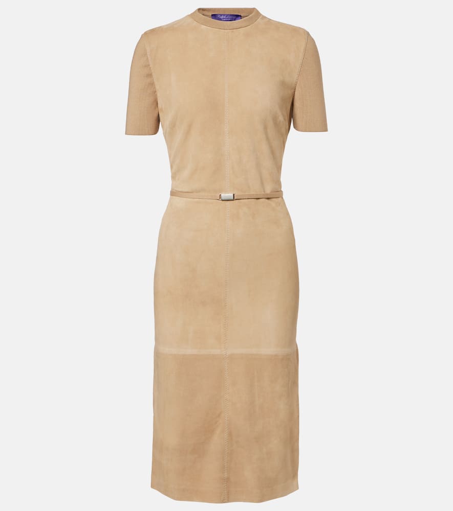 Ralph Lauren Lindsay Suede And Wool-blend Midi Dress In Neutral