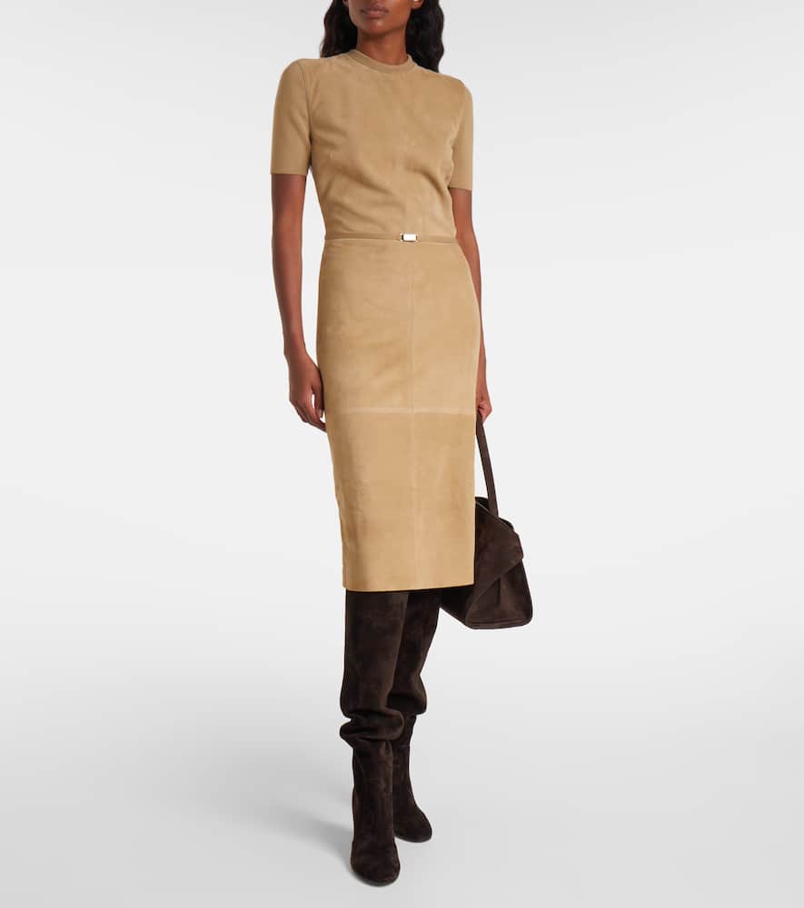Ralph Lauren Lindsay Suede And Wool-blend Midi Dress In Neutral
