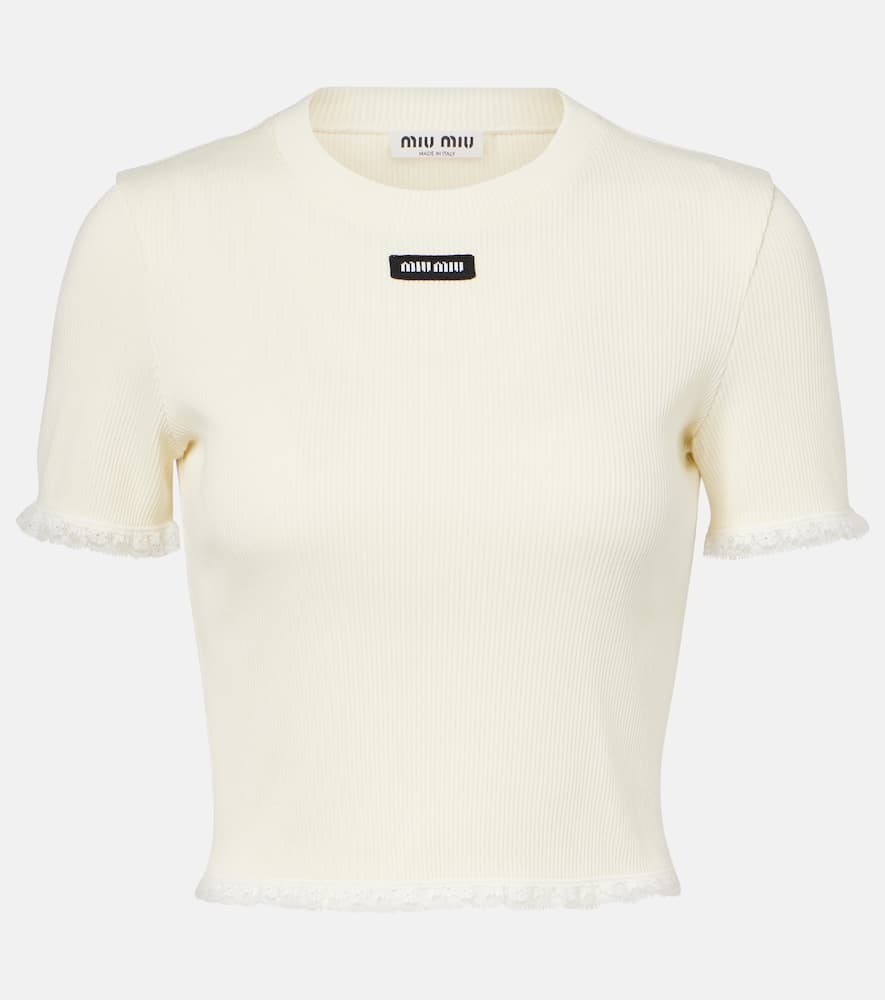 Miu Miu Cropped Lace-trimmed Cotton T-shirt In White