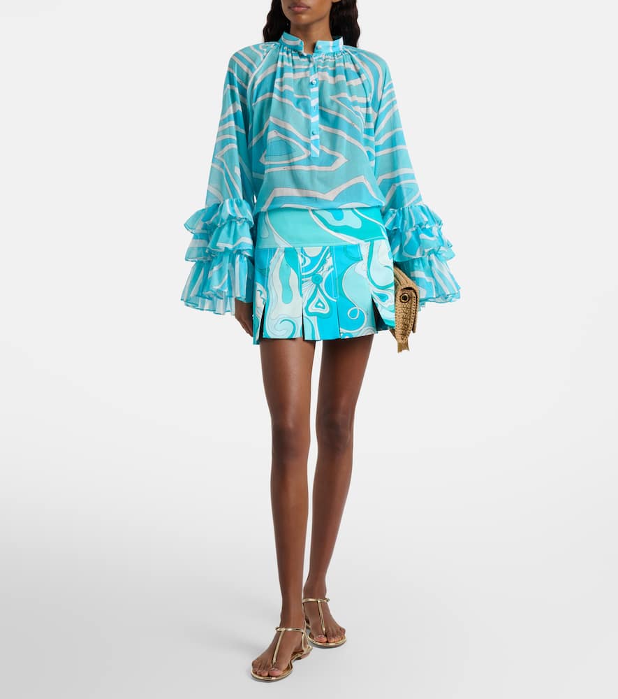 Pucci Marmo Ruffled Cotton Blouse In Blue