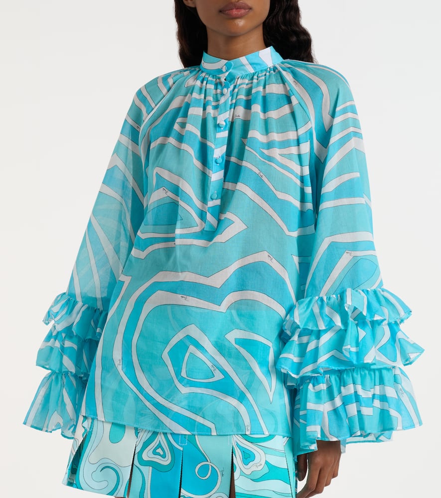 Pucci Marmo Ruffled Cotton Blouse In Blue