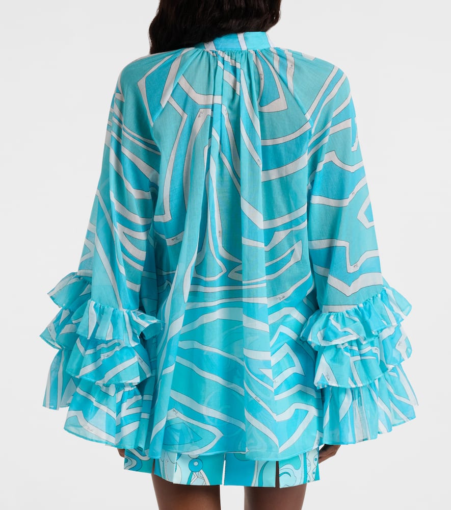 Pucci Marmo Ruffled Cotton Blouse In Blue