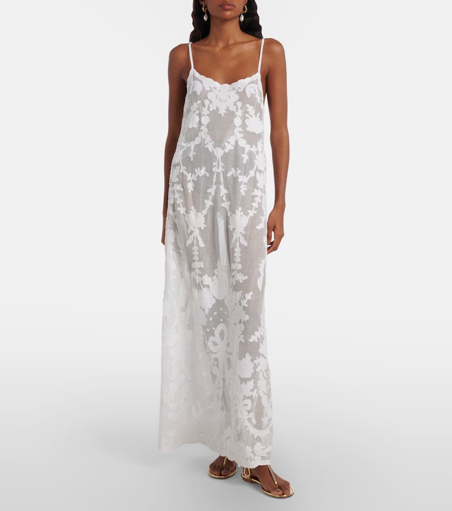Juliet Dunn Embroidered Semi-sheer Cotton Maxi Dress In Neutral