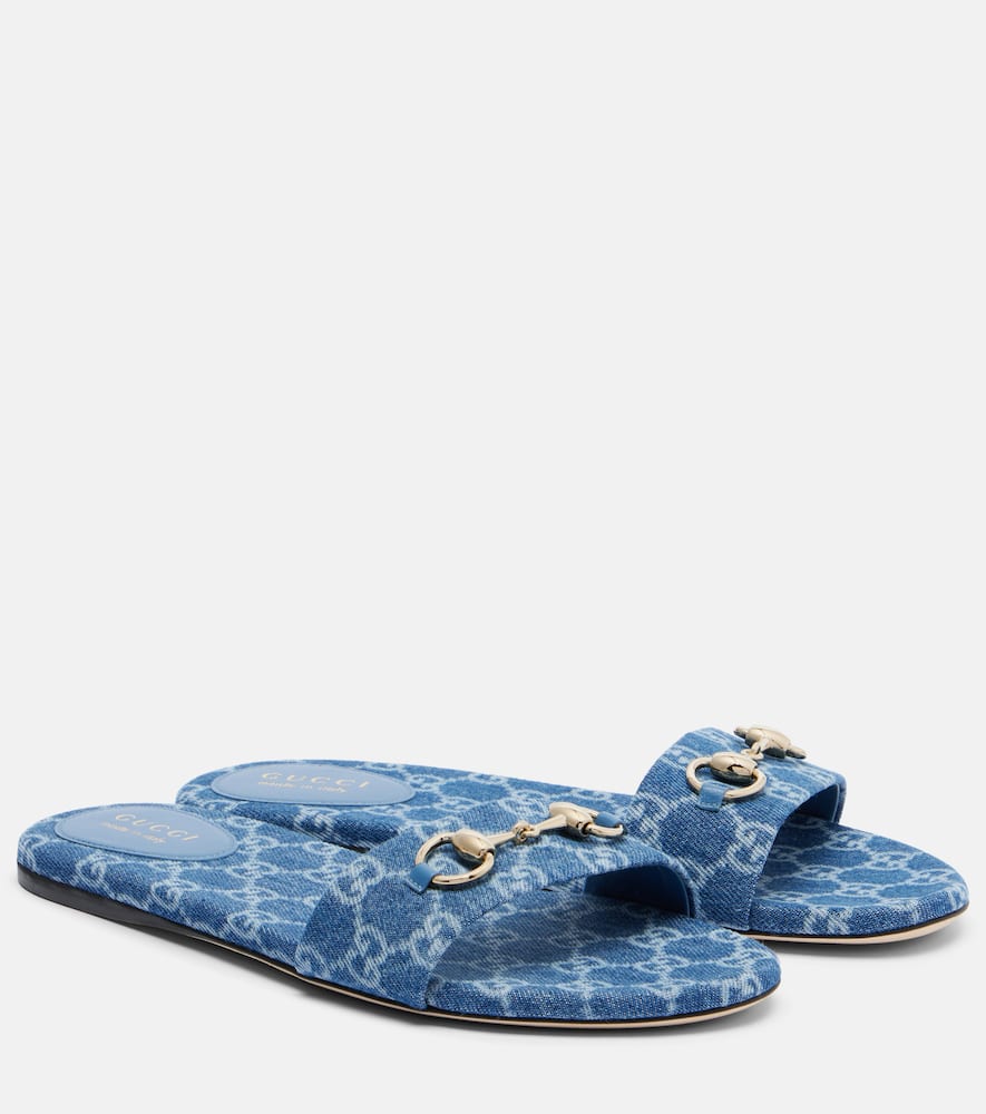 Gucci Horsebit Gg Denim Slides In Blue