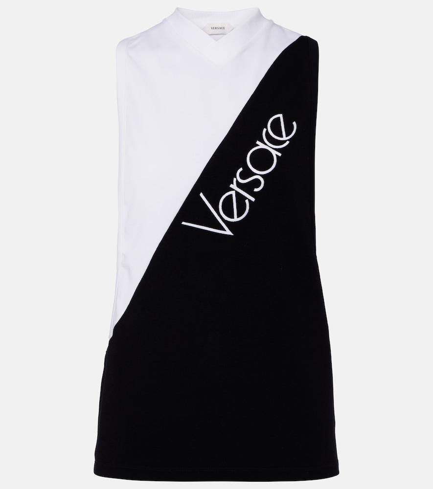 Versace Logo Embroidered Cotton-blend Tank Top In Black