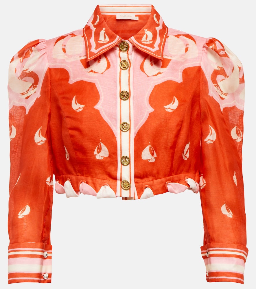 Zimmermann High Tide Cropped Printed Linen And Silk-blend Top In Red Sailboats