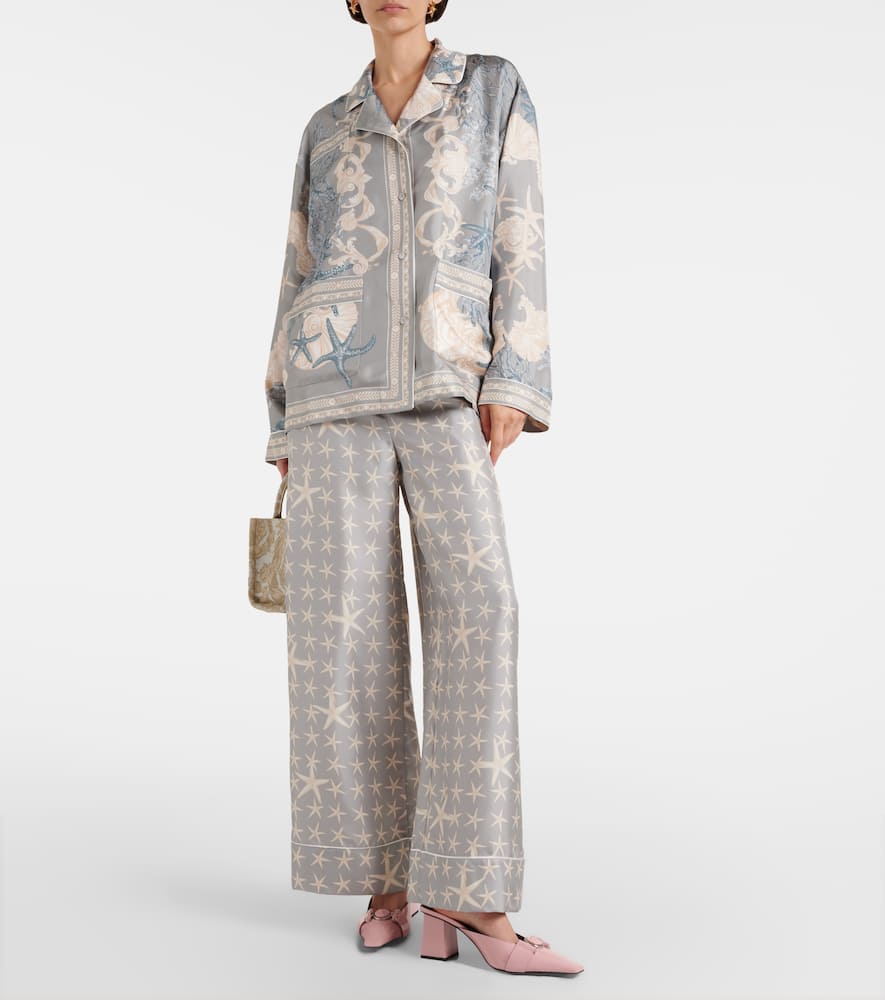 Versace Sea Star Silk Palazzo Pants In Blue