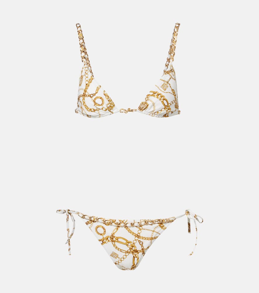 Balmain Chain-print Triangle Bikini In Brown