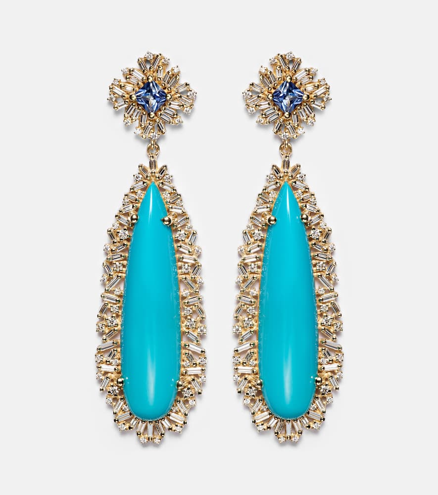 Suzanne Kalan 18kt Gold Drop Earrings With Sapphires, Diamonds And Turquoises In Blue
