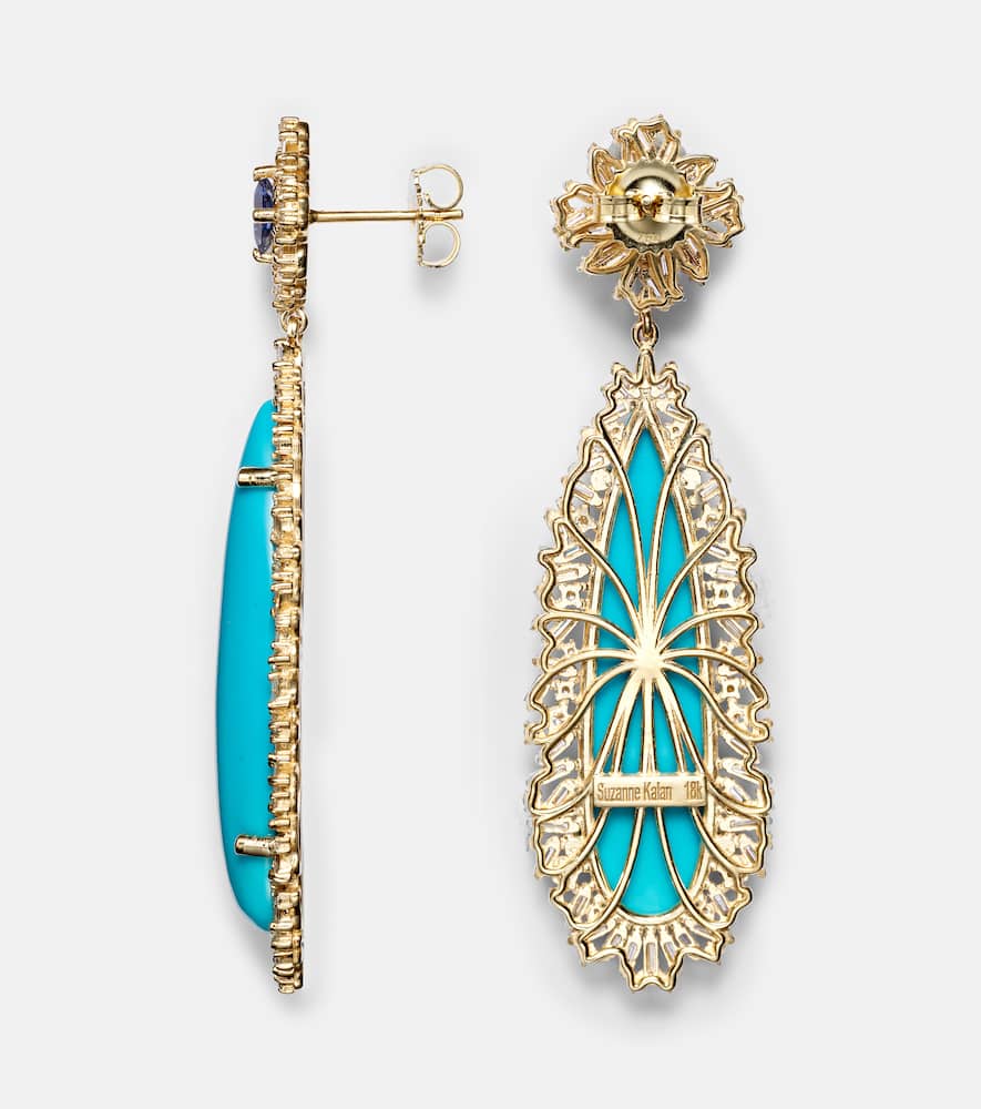 Suzanne Kalan 18kt Gold Drop Earrings With Sapphires, Diamonds And Turquoises In Blue