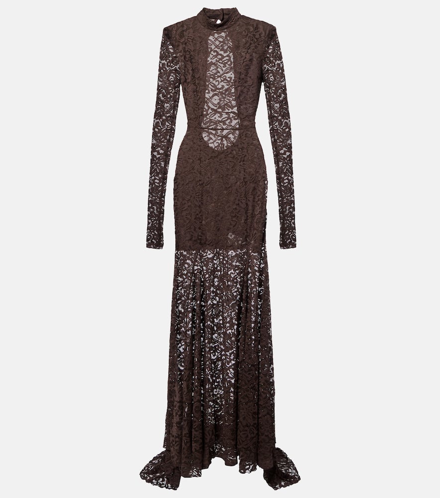 Rotate Birger Christensen Open-back Floral Lace Gown In Brown